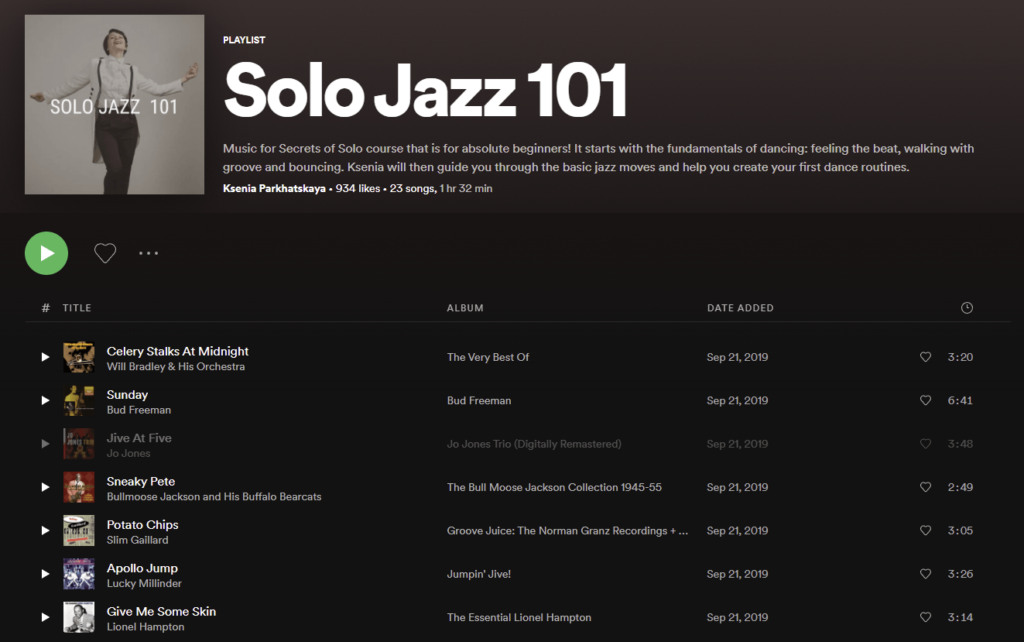 screenshot of a spotify jazz music playlist for practice
